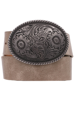 Flower Embossed Oval Buckle Vintage Strap Belt