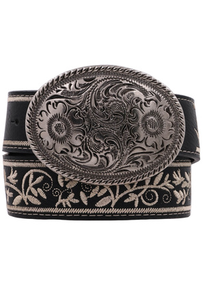 Metal Buckle Floral Embossed  Embroidered Belt