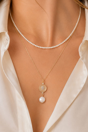 Cream Pearl Metal Pendant Layered Necklace