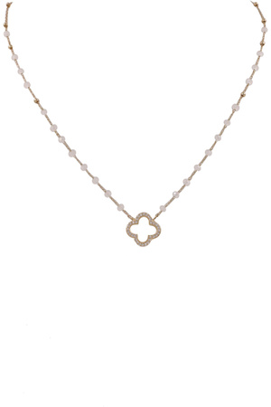 Brass Metal Glass CZ Quatrefoil Pendant Necklace