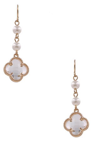 Metal Glass Cream Pearl Bead Quatrefoil Earrings