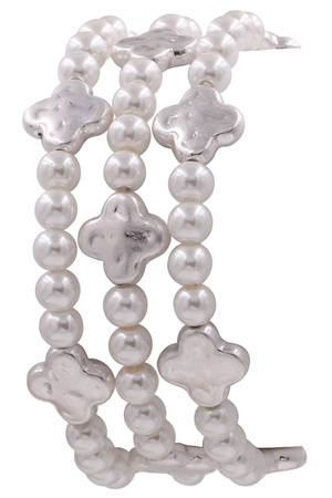 Metal Cream Pearl Hammered Quatrefoil Bracelet Set