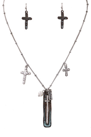 Metal Cross Plaque Charm Pendant Necklace Set