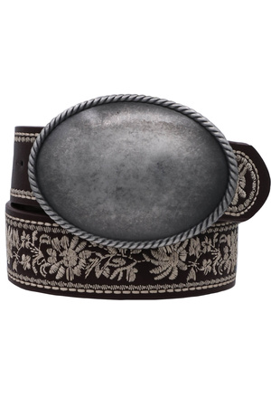 Bordered Floral Embroidered Strap Oval Buckle Belt