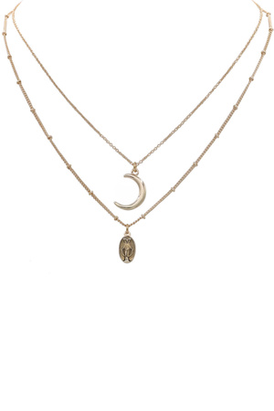 Metal Layered Crescent Coin Charm Necklace