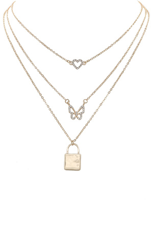 Metal Lock Butterfly Heart Rhinestone Necklace