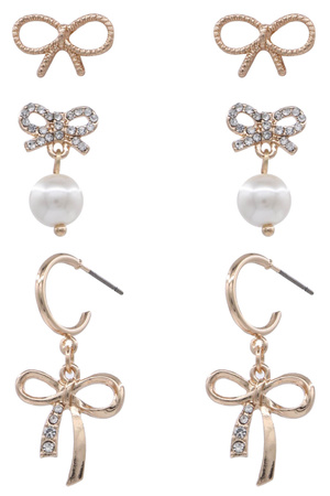 Metal Bow Tie 3 Pair  Post Earring Set