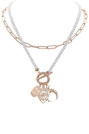 Metal Cream Pearl Evil Eye Charm Necklace