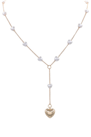 Metal Cream Pearl Heart Station Pendant Necklace