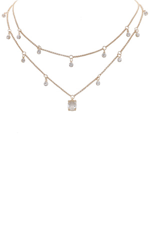 Brass Metal Layered Rhinestone Necklace