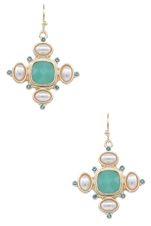 Metal Square Glass Cream Pearl Mini Oval Earrings