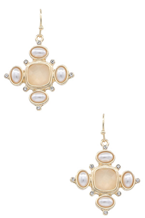 Metal Square Glass Cream Pearl Mini Oval Earrings