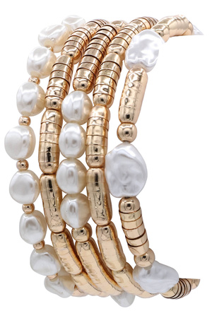 Metal Cream Pearl Beaded Stretch Bracelet Set