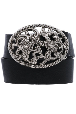 Faux Leather Floral Filigree Oval Buckle Belt