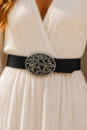 Faux Leather Floral Filigree Oval Buckle Belt