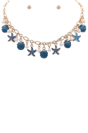 Metal Shell Starfish Charm Cream Pearl Necklace