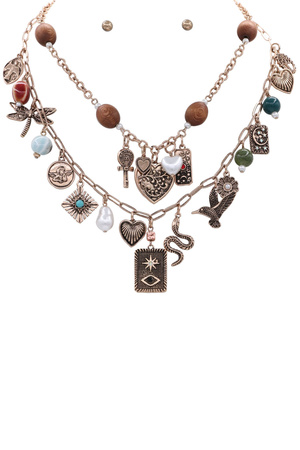 Metal Multi Charm Chain Wood Necklace