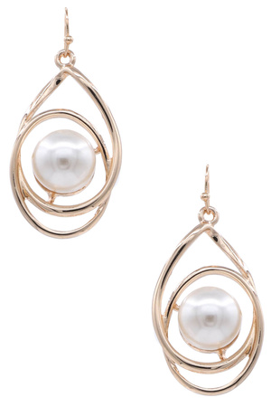 Metal Cream Pearl Teardrop Dangle  Earrings