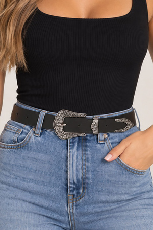 Faux Leather Scalloped Floral Western Buckle Belt