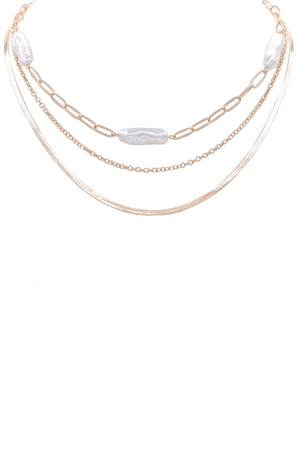 Metal Cream Pearl Layered Chain Necklace