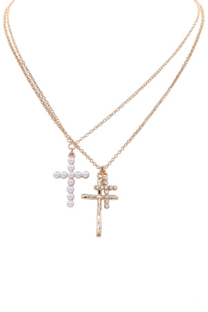 Metal Layered Side Cross Pendant Necklace
