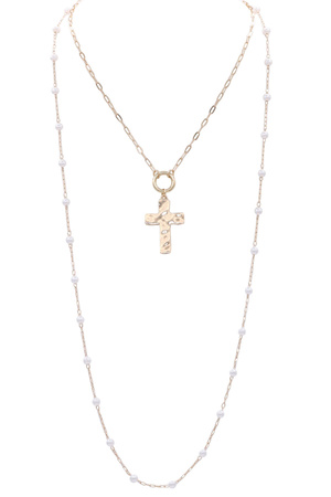 Metal Cream Pearl Layered Cross Pendant Necklace