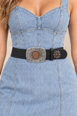 Faux Leather 2-Tone BOHO Buckle & Stud Strap Belt
