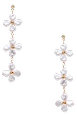 Metal Cream Pearl Flower Layered Dangle Earrings