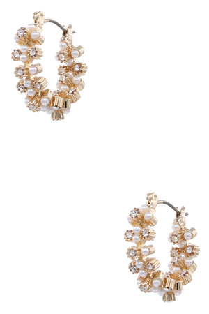 Metal Cream Pearl Flower Hoop Earrings
