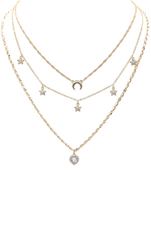 Metal Layered Rhinestone Flower Heart Necklace