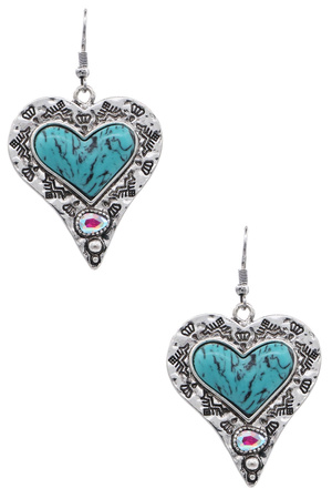 Metal Heart Stone Turquoise Dangle Earrings
