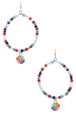 Faceted Beaded Smiley Charm Hoop Earrings