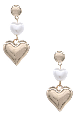 Metal Cream Pearl Heart Drop Earrings