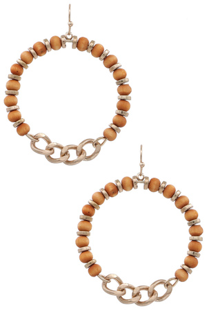 Boho Wood Bead Hoop Earrings with Chain Detail
