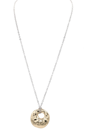Metal Hammered Textured Pendant Long Necklace