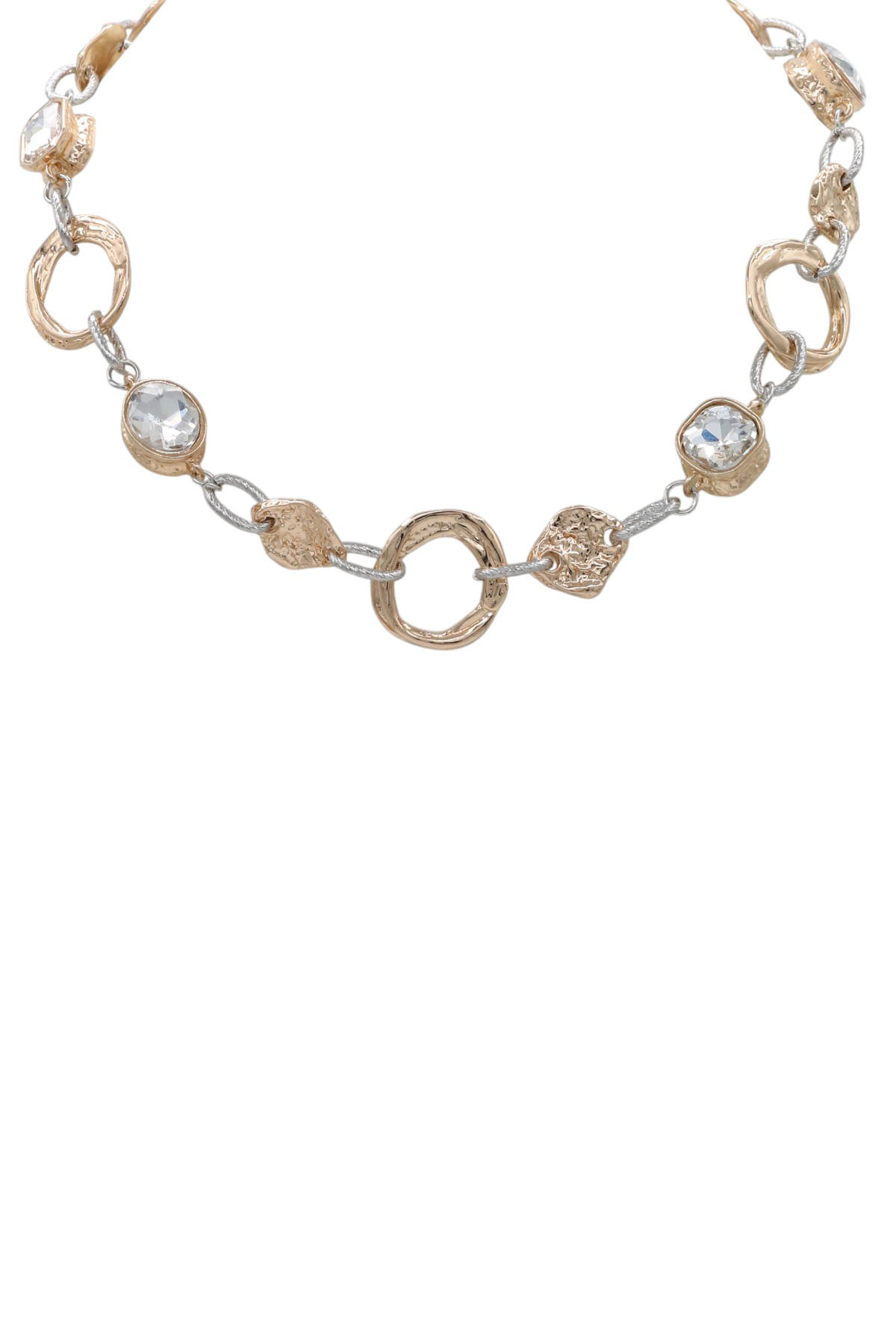 Metal Textured Open Circle  Clear Stone Necklace