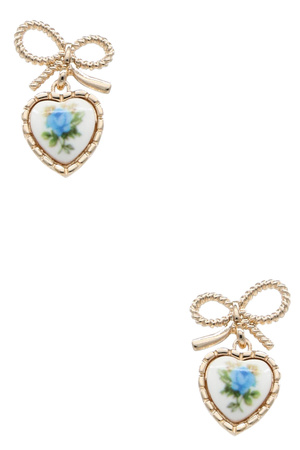 Metal Heart Bow Post Earrings with Floral Print