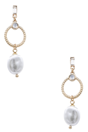 Glamorous Metal Pave Stone  Pearl Drop Earrings