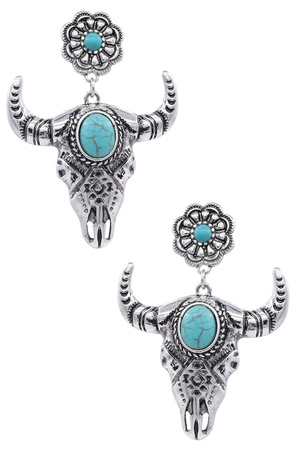 Turquoise Dome Floral Bull Skull Western Earring