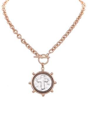 Vintage Coin Cross Pendant Toggle Necklace