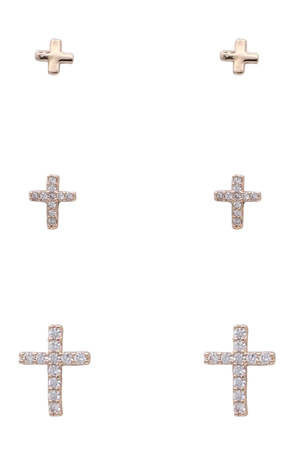 Gold Dipped CZ Cross Earrings Set - 3 Pairs