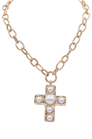 Metal Cream Pearl Cross Chunky Pendant Necklace