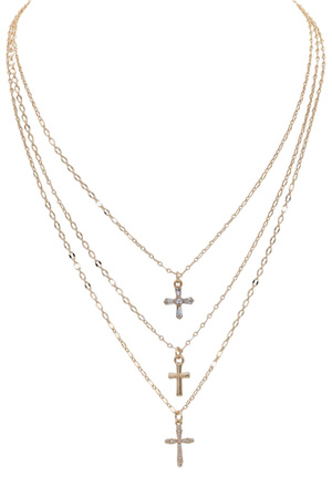 Metal Layered Rhinestone Cross Charm Necklace