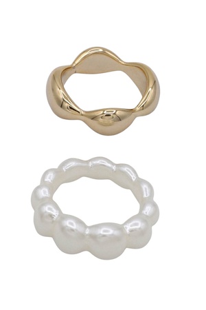 Cream Pearl Metal Band Ring Duo Set