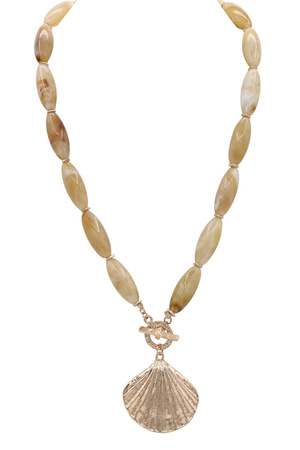 Beaded Acrylic Stone Necklace Metal Shell Charm