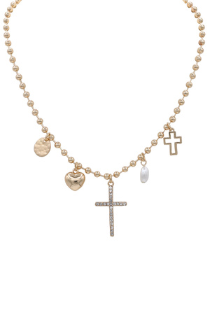 Metal Ball Linked Cross & Heart Charms Necklace