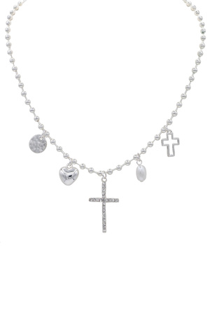 Metal Ball Linked Cross & Heart Charms Necklace