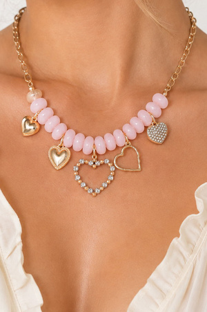 Heart Charm Metal Chain Acrylic Bead Necklace