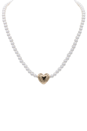 Cream Pearl Ball Linked Heart Pendant Necklace