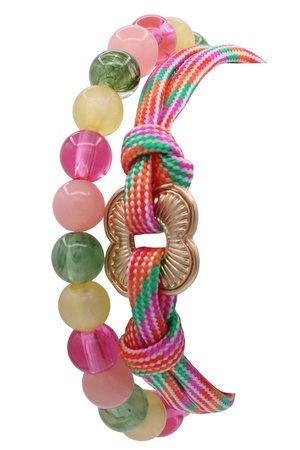 Flower Beaded Cord & Stretch Bracelet Set